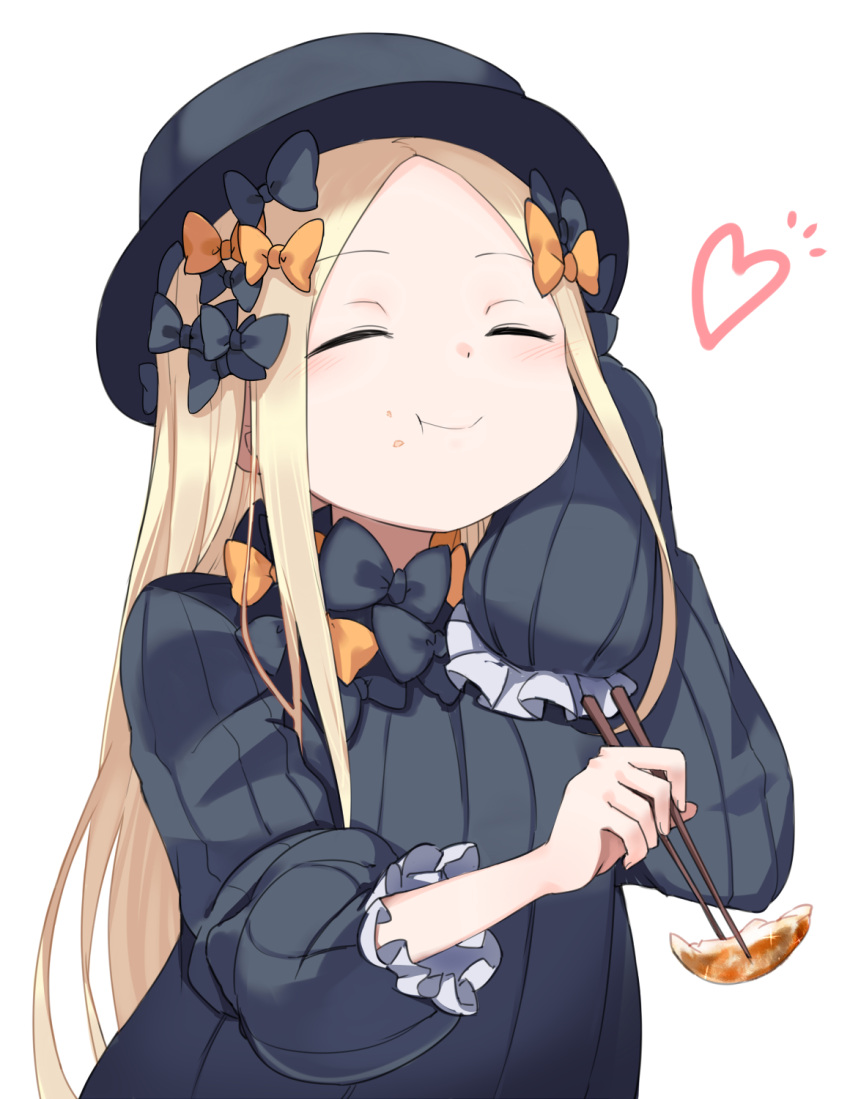 1girl :t abigail_williams_(fate) black_bow black_headwear blonde_hair bow chopsticks closed_eyes dumpling eating fate/grand_order fate_(series) food hair_bow heart highres holding holding_chopsticks jiaozi multiple_hair_bows orange_bow simple_background sleeves_past_fingers sleeves_past_wrists sleeves_rolled_up smile solo usuaji white_background