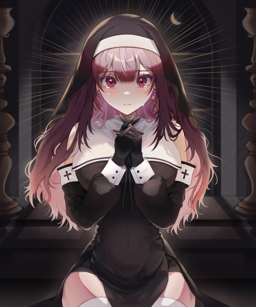 1girl backlighting black_dress black_gloves black_sleeves blush breasts closed_mouth coif covered_navel crying crying_with_eyes_open detached_sleeves dress earrings gloves habit heart heart_earrings highres jewelry jururu large_breasts long_hair long_sleeves looking_at_viewer multicolored_hair nun own_hands_clasped own_hands_together purple_eyes purple_hair single_earring sirorkgk sleeveless sleeveless_dress solo straight-on streaked_hair tears thighhighs virtual_youtuber waktaverse white_thighhighs