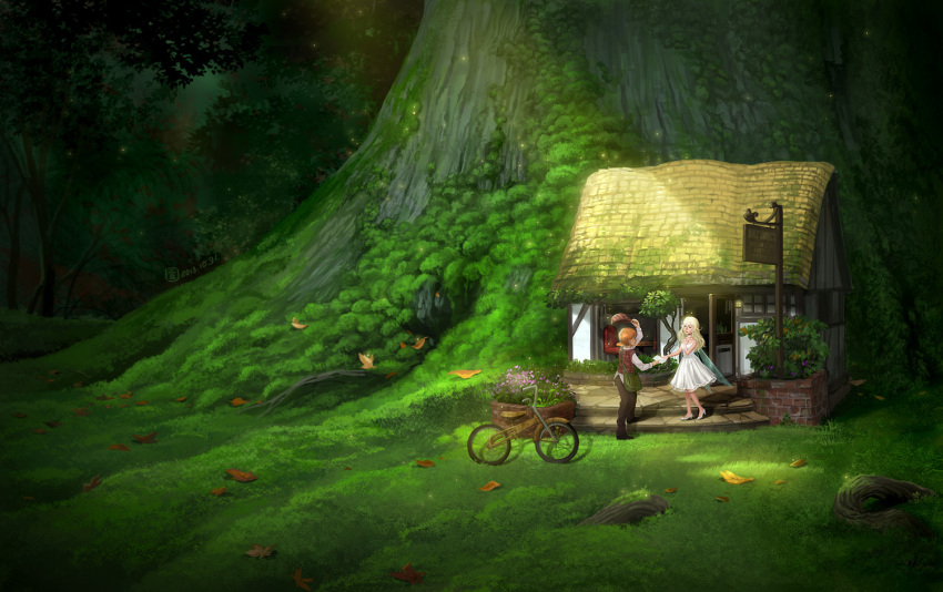 1boy 1girl 2013 bag bicycle building dated dress fairy fairy_wings falling_leaves fantasy flower forest grass hat hut leaf mob_cap mugon nature original outdoors pink_flower pointy_ears pouch scenery shop shoulder_bag sign signature tree under_tree white_dress wings