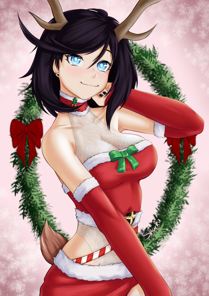 1girl absurdres antlers badsharku black_hair black_nails blue_eyes bow bowtie breasts christmas christmas_wreath cleavage deer_antlers deer_tail ear_piercing elbow_gloves girls'_frontline gloves hand_on_own_cheek hand_on_own_face highres intruder_(girls'_frontline) looking_at_viewer mistletoe piercing sangvis_ferri see-through short_hair smile solo tail wreath