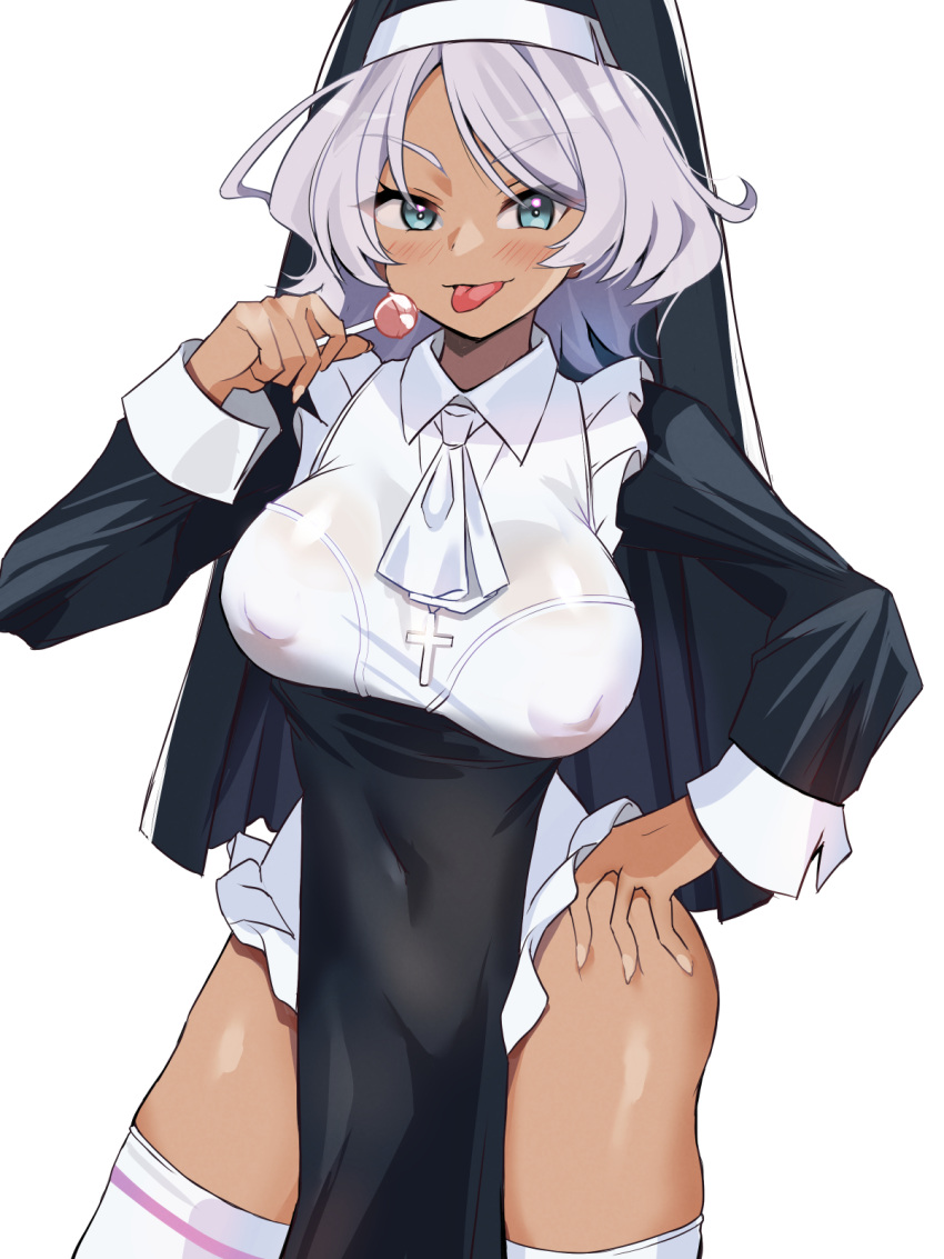 1girl ass blaze_(blazeillust) blush breasts candy closed_mouth covered_navel covered_nipples dark-skinned_female dark_skin food grey_hair gundam gundam_suisei_no_majo hand_on_own_hip highres holding holding_candy holding_food holding_lollipop large_breasts lollipop looking_at_viewer secelia_dote short_hair simple_background smile solo tongue tongue_out white_background