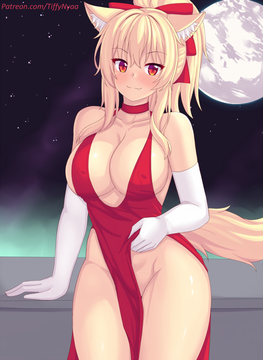 1girl animal_ears bare_shoulders blonde_hair blush breasts cat_ears cat_girl cat_tail choker cleavage closed_mouth collarbone commentary cowboy_shot dress elbow_gloves english_commentary full_moon gloves hair_ornament highres large_breasts long_hair looking_at_viewer moon night no_panties nottytiffy original outdoors patreon_username ponytail red_choker red_dress red_eyes sideboob smile solo tail thighs tiffy_(nottytiffy) white_gloves