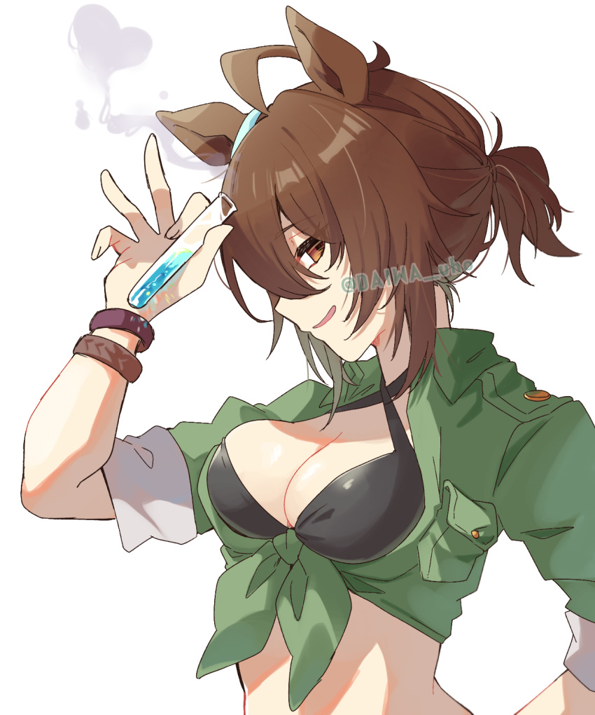 1girl agnes_tachyon_(lunatic_lab)_(umamusume) agnes_tachyon_(umamusume) ahoge animal_ears bikini bikini_top_only black_bikini bracelet breasts brown_hair collared_shirt commentary criss-cross_halter daiwa_uho ear_ornament front-tie_top green_shirt hair_tie half-closed_eyes halterneck hand_on_own_hip highres holding_vial horse_ears horse_girl jewelry looking_at_viewer medium_breasts midriff official_alternate_costume official_alternate_hairstyle open_mouth partially_unbuttoned shirt short_hair short_ponytail short_sleeves simple_background smirk smoke solo swimsuit umamusume vial white_background