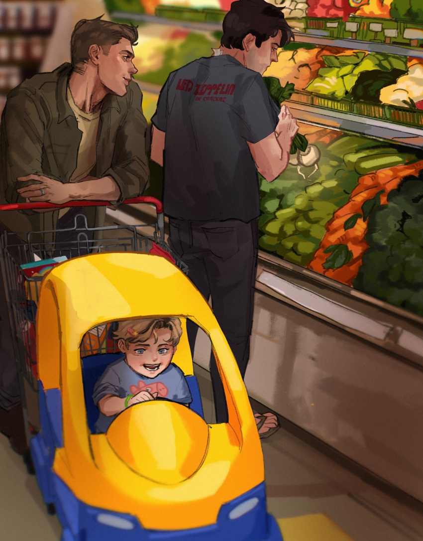 3boys black_pants black_shirt blonde_hair blue_eyes castiel child couple dean_winchester father_and_son flip-flops food full_body green_jacket hair_ornament hairpin highres holding holding_food holding_vegetable indoors jack_kline jacket jewelry led_zeppelin looking_at_another male_focus multiple_boys pants peppa_pig peppa_pig_(series) print_shirt profile ring rozavay sandals shirt shopping shopping_cart short_hair smile supermarket supernatural_(tv_series) toy_car vegetable wedding_ring yaoi