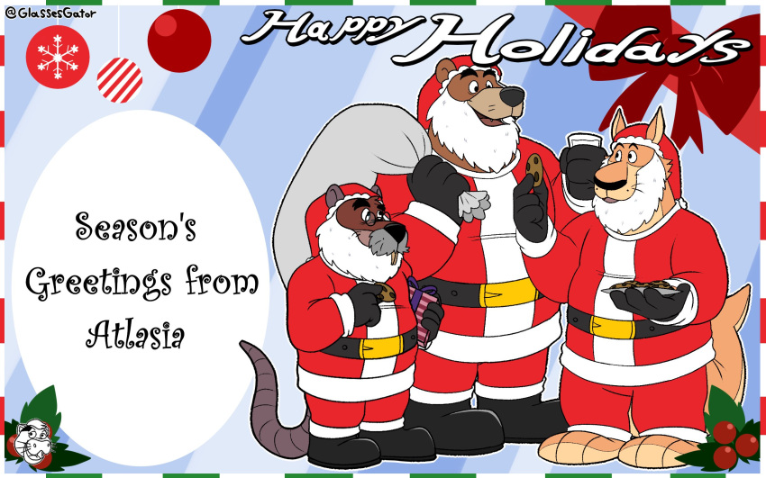 16:10 2023 anthro bear beard black_nose brok_the_investigator christmas christmas_clothing christmas_headwear clothing costume cricetid english_text eyewear facial_hair glasses glassesgator group hat headgear headwear hi_res holidays kangaroo macropod male mammal marsupial mature_male muskrat official_art overweight overweight_male r.j._(brok_the_investigator) rodent santa_claus santa_costume santa_hat sin_(brok_the_investigator) text tramp_(brok_the_investigator) widescreen