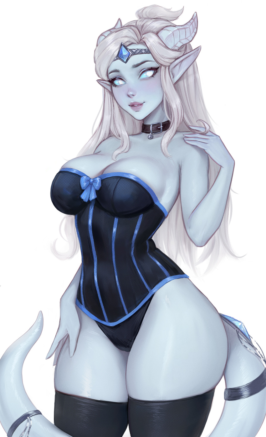 1girl absurdres bare_shoulders black_choker black_corset black_panties black_thighhighs blonde_hair blue_bow blue_sclera blue_skin blush bow breasts choker circlet cleavage colored_sclera colored_skin corset draenei dragon_horns highres horns kayav large_breasts long_hair panties pointy_ears simple_background solo tail thighhighs underwear warcraft white_background white_eyes world_of_warcraft