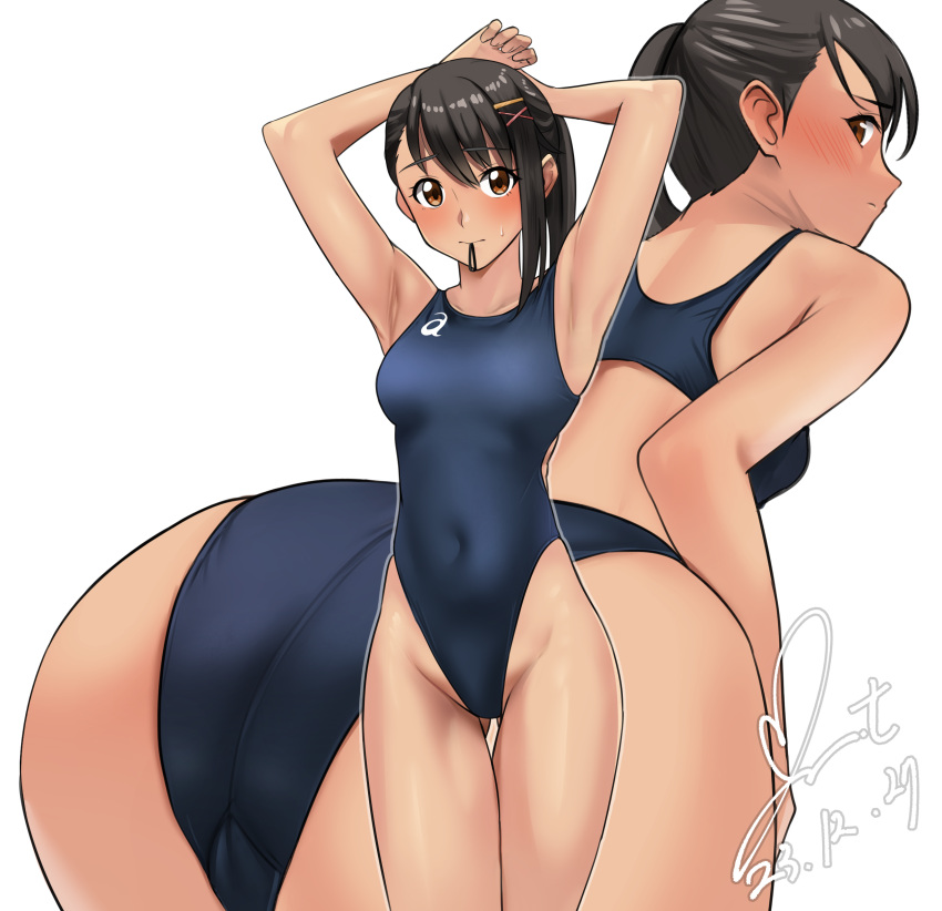 1girl ass black_hair blush brown_eyes commission competition_swimsuit covered_navel dated hair_ornament hair_tie hair_tie_in_mouth highleg highleg_swimsuit highres iwato_suzume looking_at_viewer mouth_hold one-piece_swimsuit pixiv_commission ponytail signature simple_background solo suzume_no_tojimari swimsuit thigh_gap yoo_tenchi