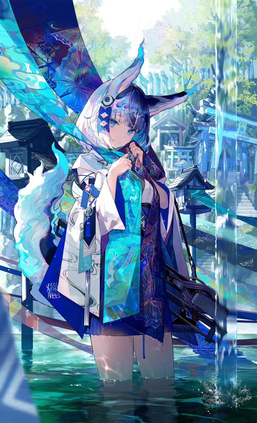 1girl animal_ears blonde_hair blue_eyes bow commentary_request expressionless fox_ears fox_tail fuzichoco hair_bow highres japanese_clothes kitsune looking_at_viewer multicolored_hair multiple_torii original short_hair solo standing tail torii tree two-tone_hair wading water water_drop white_hair