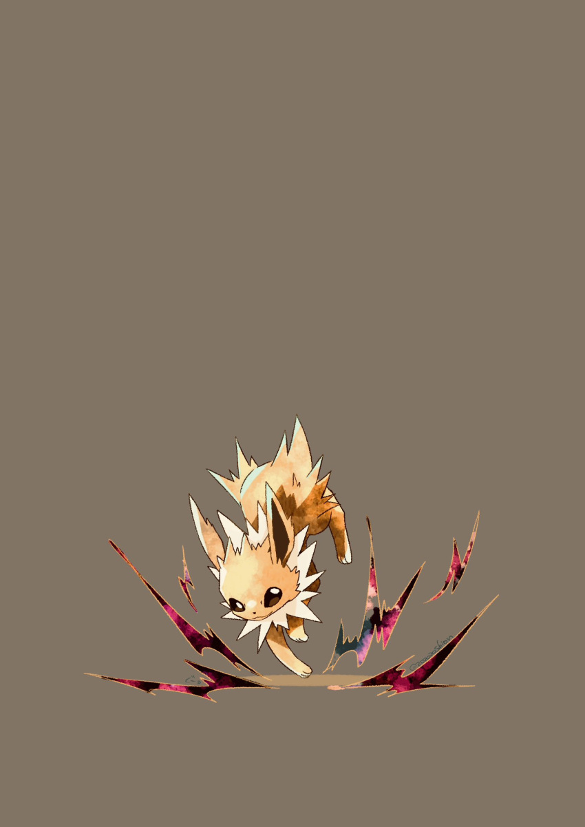 animal_focus artist_name aura black_eyes closed_mouth commentary grey_background highres jolteon jumping mane no_humans pokemon pokemon_(creature) simple_background symbol-only_commentary twitter_username yellow_fur zozozoshion