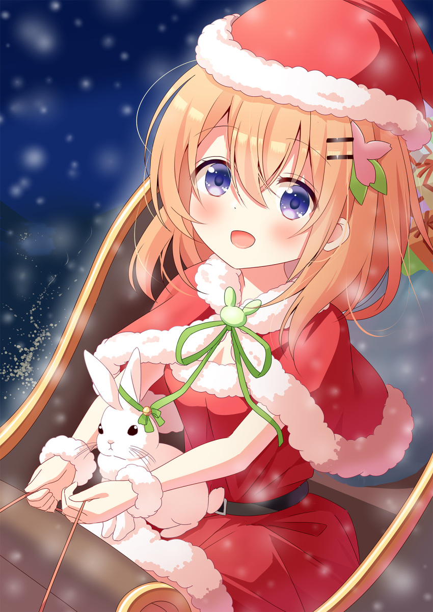 1girl :d alternate_costume azel_(laevateinn495) box capelet christmas commentary_request dress gift gift_box gochuumon_wa_usagi_desu_ka? hair_between_eyes hair_ornament hairclip hat highres hoto_cocoa long_bangs looking_at_viewer medium_hair open_mouth orange_hair purple_eyes rabbit red_capelet sack santa_costume santa_dress santa_hat sidelocks smile