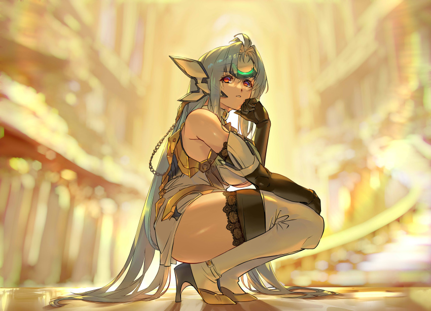 1girl absurdres bare_shoulders blue_hair blurry blurry_background breasts commentary_request elbow_gloves gloves hair_ornament highres kos-mos large_breasts long_hair looking_at_viewer negresco parted_lips red_eyes solo squatting thighhighs thighs very_long_hair white_thighhighs xenosaga