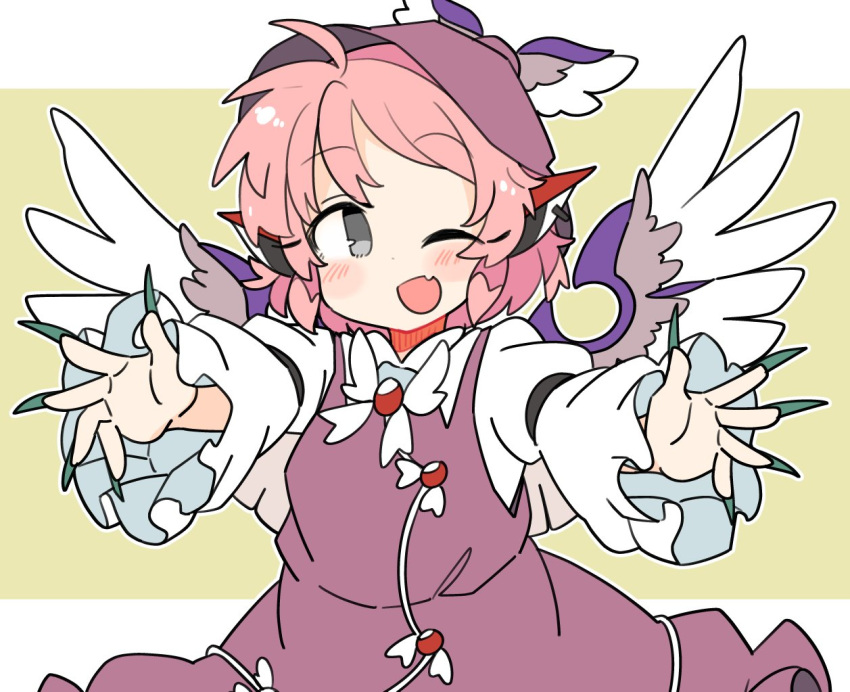 1girl animal_ears bird_ears bird_wings brown_dress brown_headwear dress earrings frilled_sleeves frills grey_eyes hat ini_(inunabe00) jewelry long_sleeves looking_at_viewer mystia_lorelei one_eye_closed open_mouth pink_hair short_hair single_earring sleeve_garter smile solo touhou white_wings winged_hat wings