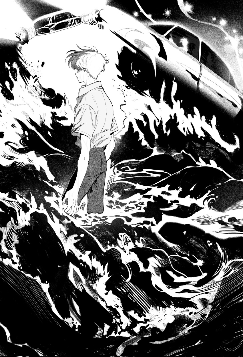 1boy absurdres akagi:_yami_ni_oritatta_tensai akagi_shigeru car cha7r closed_mouth commentary_request cowboy_shot driving expressionless fire fukumoto_mahjong greyscale highres korean_commentary looking_afar male_focus monochrome motor_vehicle ocean pants shirt short_hair solo water waves