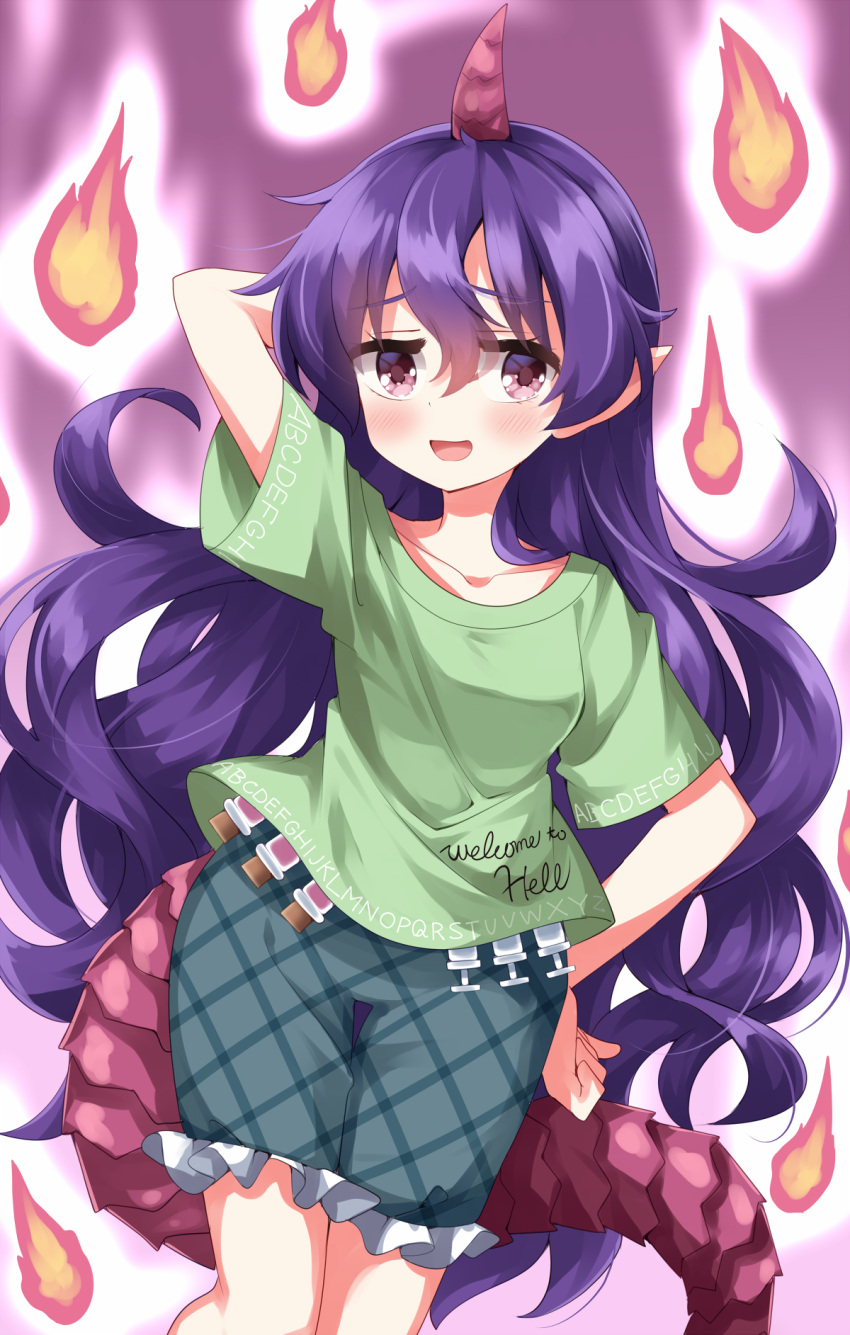 1girl arm_behind_back blush clothes_writing collarbone commentary_request fire green_shirt green_shorts hair_between_eyes highres horns long_hair looking_at_viewer open_mouth plaid plaid_shorts pointy_ears purple_background purple_hair ruu_(tksymkw) shirt short_sleeves shorts single_horn solo tail tenkajin_chiyari test_tube touhou