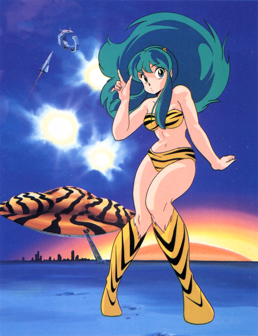 1980s_(style) animal_print bikini blue_eyes boots cityscape green_hair highres lum midriff navel night night_sky non-web_source pointing pointing_up retro_artstyle rocket sky space striped striped_bikini sunset swimsuit tiger_panties tiger_print ufo underwear urusei_yatsura