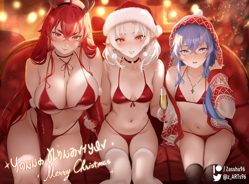 3girls absurdres ahoge albino bare_shoulders bikini black_hairband black_thighhighs blue_eyes blue_hair blush breasts choker christmas cleavage collarbone crossed_bangs elf eris_greyrat hairband hat highres large_breasts long_hair looking_at_viewer medium_breasts multiple_girls mushoku_tensei navel open_mouth pointy_ears red_bikini red_eyes red_hair roxy_migurdia short_hair sitting small_breasts smile swimsuit sylphiette_(mushoku_tensei) thighhighs thighs white_hair white_thighhighs zasshu