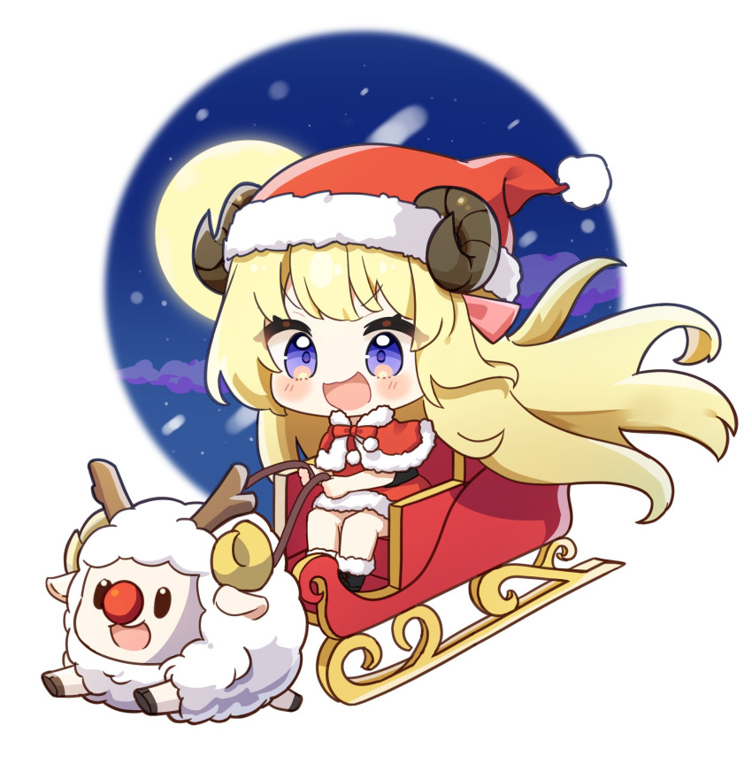 1girl :d alternate_costume blonde_hair blue_eyes blush blush_stickers capelet chibi dress hat highres hololive horns kiwipodo78 long_hair open_mouth red_capelet red_dress santa_costume santa_dress santa_hat sheep_horns sleigh smile solo tsunomaki_watame v-shaped_eyebrows very_long_hair virtual_youtuber watamate