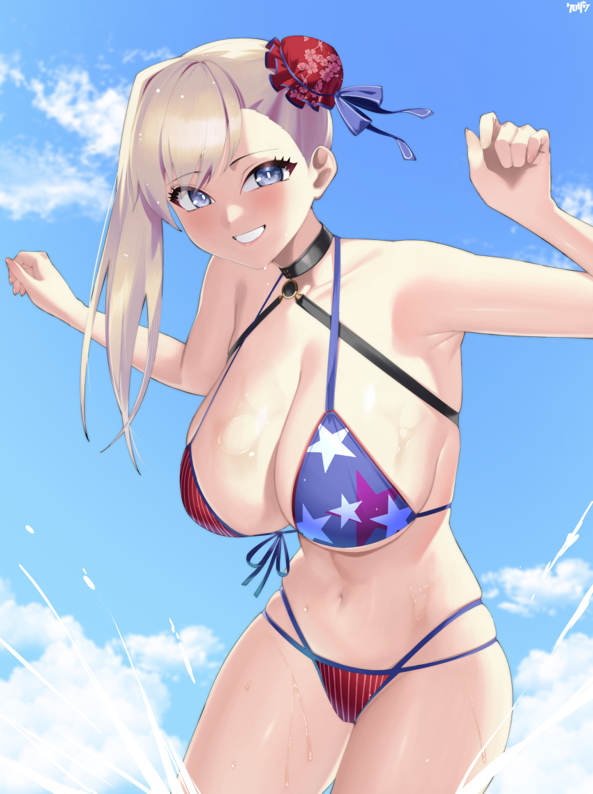 1girl absurdres american_flag_bikini bare_shoulders bikini blue_eyes blue_sky blush breasts bun_cover choker cleavage collarbone fate/grand_order fate_(series) flag_print grin hair_bun hair_ribbon highres kurozawa_yui large_breasts long_hair looking_at_viewer miyamoto_musashi_(fate) miyamoto_musashi_(swimsuit_berserker)_(fate) miyamoto_musashi_(swimsuit_berserker)_(second_ascension)_(fate) navel pink_hair ribbon single_side_bun sky smile solo swept_bangs swimsuit wet