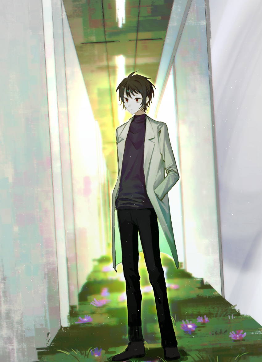 1boy absurdres black_pants brown_footwear brown_hair chinese_commentary closed_mouth commentary_request daisy flower full_body hands_in_pockets harada_minoru highres kyoko_(akakikyoko) lab_coat long_sleeves male_focus pants purple_flower purple_sweater red_eyes saibou_shinkyoku short_hair solo sweater turtleneck turtleneck_sweater