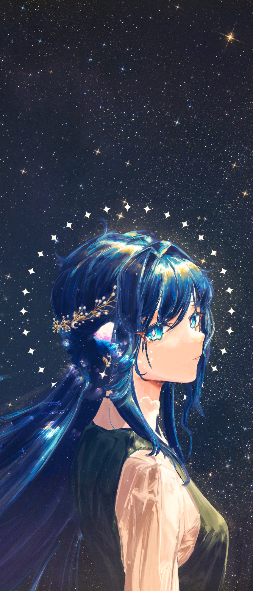 1girl absurdres animal_ears arknights astesia_(arknights) bird_ears blue_eyes blue_hair bright_pupils from_side hair_ornament highres immeasurable long_hair looking_at_viewer portrait shirt sky solo star_(sky) star_(symbol) starry_sky turning_head white_pupils white_shirt