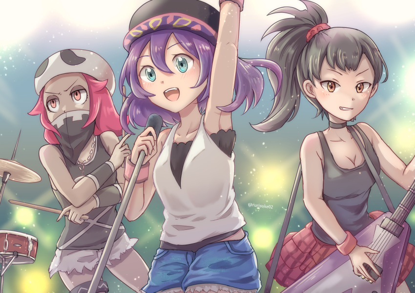 3girls bandana bandana_over_mouth baseball_cap black_choker black_hair blue_eyes choker collarbone commentary_request cowboy_shot denim denim_shorts drum drum_set drumsticks guitar guitarist_(pokemon) hat highres holding holding_drumsticks holding_guitar holding_instrument instrument microphone_stand multiple_girls music open_mouth pink_hair playing_instrument pokemon pokemon_bw2 pokemon_sm ponytail purple_hair ruri-hikaru shirt shorts sina_(pokemon) sleeveless sleeveless_shirt team_skull team_skull_grunt team_skull_uniform