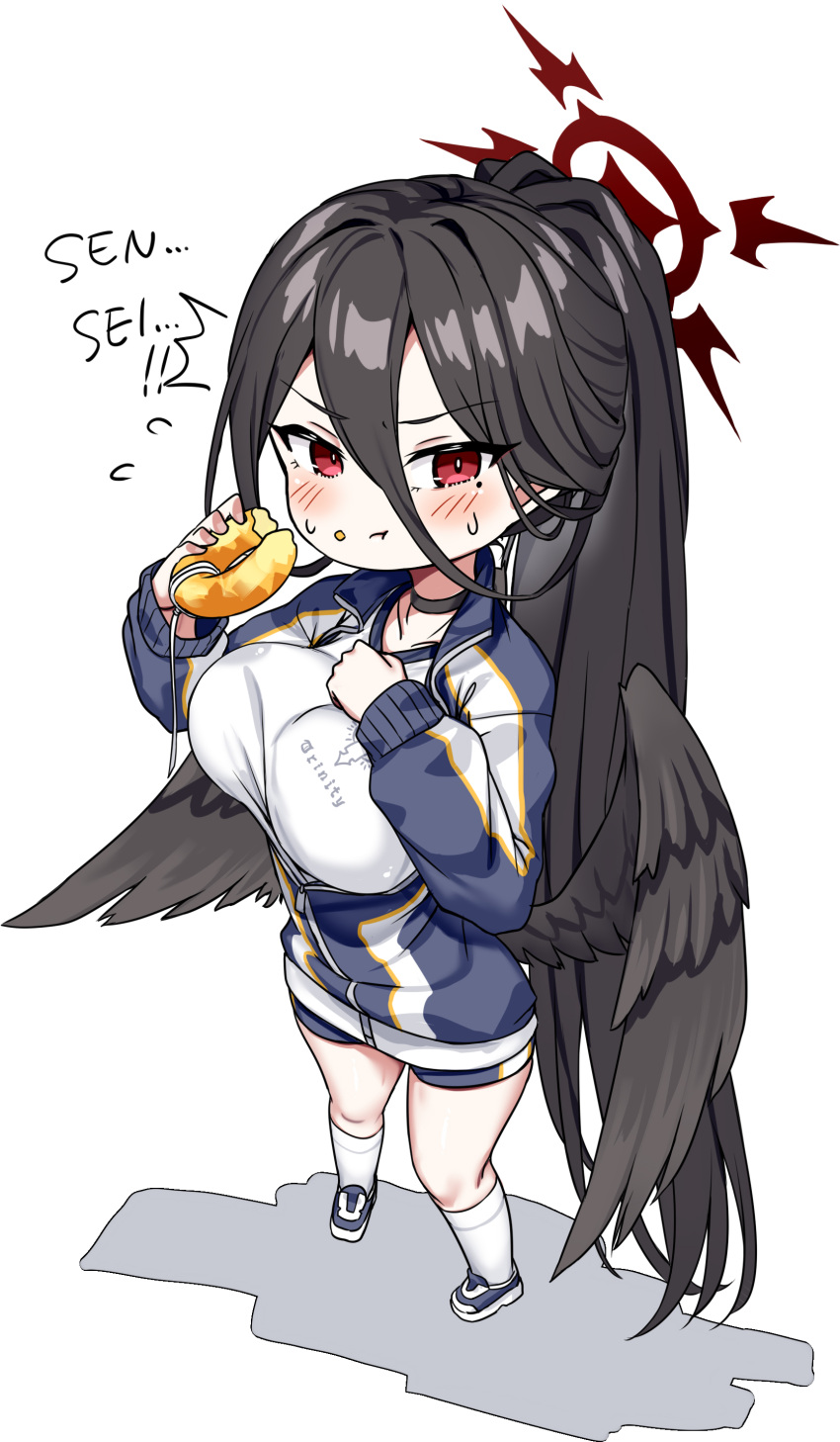 1girl ^^^ absurdres angel_wings black_choker black_footwear black_hair black_wings blue_archive blush breasts choker closed_mouth eating feathered_wings flying_sweatdrops food food_on_face full_body gym_shirt gym_uniform halo hasumi_(blue_archive) hasumi_(track)_(blue_archive) highres holding holding_food jacket large_breasts long_hair long_sleeves looking_at_viewer mole mole_under_eye neropaso official_alternate_costume official_alternate_hairstyle ponytail red_eyes red_halo shirt shoes simple_background socks solo track_jacket very_long_hair white_background white_shirt white_socks wings