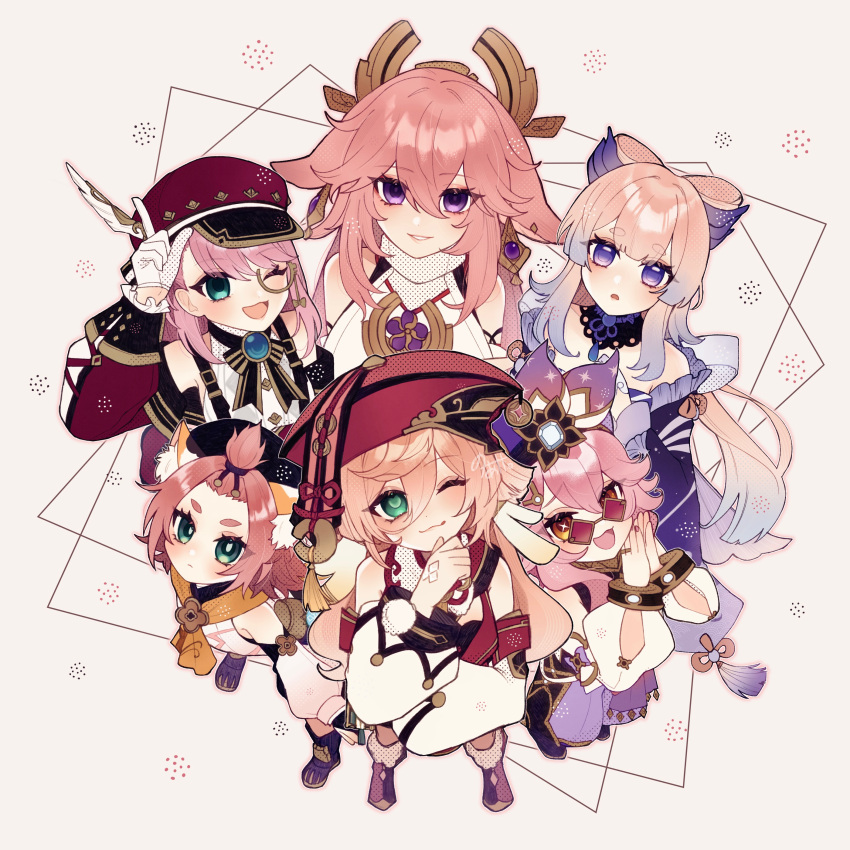 6+girls absurdres animal_ears blue_eyes cat_ears charlotte_(genshin_impact) diona_(genshin_impact) dori_(genshin_impact) genshin_impact glasses gloves green_eyes hair_ornament highres monocle multiple_girls noa_pisces pink_hair purple_eyes sangonomiya_kokomi symbol-shaped_pupils vision_(genshin_impact) white_gloves yae_miko yanfei_(genshin_impact) yellow_eyes