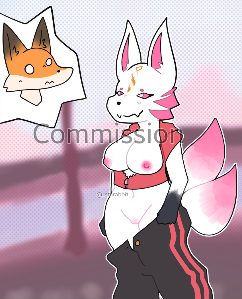 anthro canid canine catalyst_(fortnite) clothing duo epic_games female fennix_(fortnite) flashing flashing_breasts flashing_pussy fortnite fox fox_spirit hi_res male mammal solo_focus starabbit surprise undressing