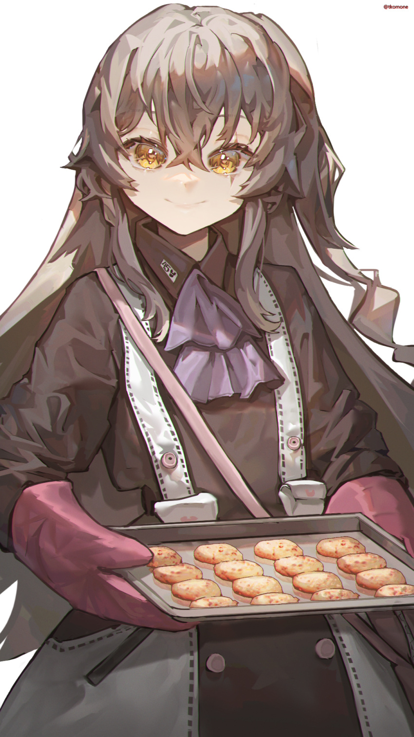 1girl ascot black_dress brown_hair dress food girls'_frontline hair_between_eyes highres holding holding_food holding_tray long_hair looking_at_viewer mittens orange_eyes purple_ascot scar scar_across_eye scar_on_face smile tkom tray twitter_username two-tone_dress ump45_(agent_lop_rabbit)_(girls'_frontline) ump45_(girls'_frontline) upper_body white_background white_dress
