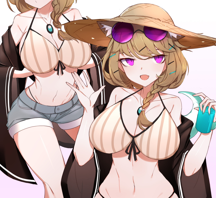 2girls absurdres animal_ear_fluff arknights bikini braid breasts brown_hair choumi_wuti_(xueye_fanmang_zhong) cleavage collarbone eyewear_on_head highres jewelry large_breasts multiple_girls navel necklace open_clothes open_mouth purple-tinted_eyewear purple_eyes short_shorts shorts single_braid slit_pupils smile striped striped_bikini sunglasses swimsuit tail tinted_eyewear upper_body utage_(arknights) utage_(summer_flowers)_(arknights) white_background wide_sleeves