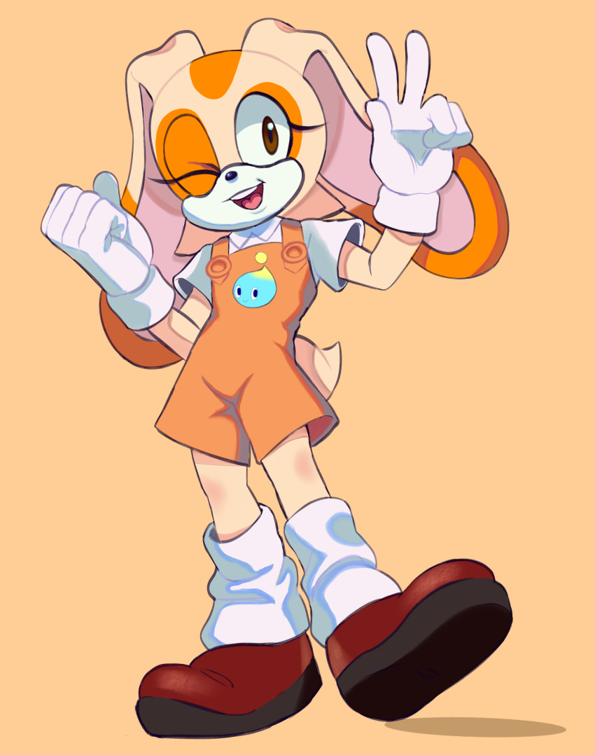 absurd_res anthro bottomwear clothing cream_the_rabbit emblem female footwear gesture hi_res lagomorph leporid loose_socks mammal one_eye_closed overalls rabbit rokkerth sega shoes shorts socks solo sonic_the_hedgehog_(series) v_sign wink