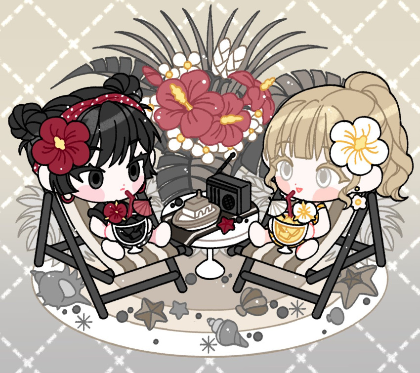 2girls argyle argyle_background bare_arms bare_legs barefoot beach_chair black_eyes black_hair black_one-piece_swimsuit blonde_hair blunt_bangs blush_stickers brown_background chibi closed_mouth cocktail colored_eyelashes commentary_request conch cup double_bun drink drinking_straw earrings empty_eyes flower flower_earrings frown glass gradient_background grey_background hair_bun hair_flower hair_ornament hairband hibiscus holding holding_cup holding_drink ice ice_cube jewelry korean_commentary long_hair multiple_girls one-piece_swimsuit open_mouth original palm_leaf polka_dot_hairband ponytail radio red_flower red_hairband seashell shell short_hair sitting smile starfish striped striped_one-piece_swimsuit swimsuit toy_boat umbrella unibosal wavy_hair white_eyes white_flower white_umbrella yellow_one-piece_swimsuit