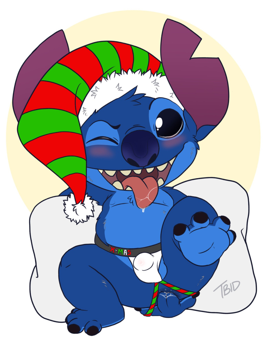 alien anal anal_fingering anal_masturbation anthro blue_body blue_fur bulge christmas christmas_clothing christmas_headwear clothing disney experiment_(lilo_and_stitch) fingering fingering_self fur hat headgear headwear hi_res holidays jockstrap lilo_and_stitch male masturbation santa_hat solo stitch_(lilo_and_stitch) tbid underwear