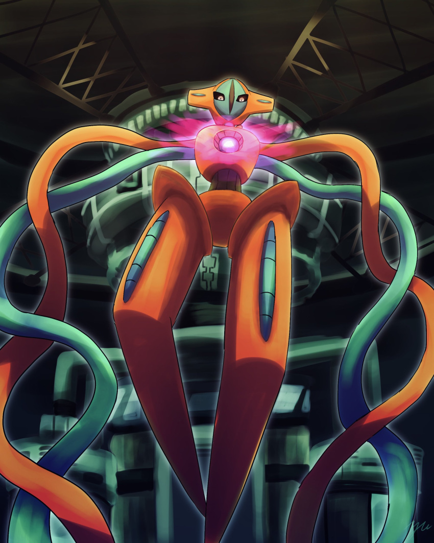 absurdres animal_focus aura black_sclera colored_sclera colored_skin commentary_request deoxys deoxys_(normal) from_below highres indoors no_humans pokemon pokemon_(creature) red_skin solo tentacles white_eyes yu_(pocketsun636)