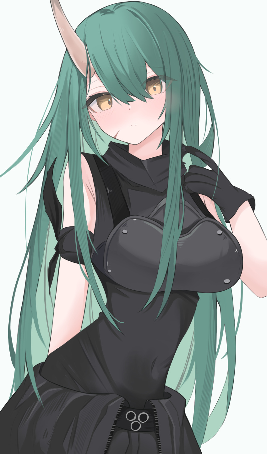 1girl absurdres arknights black_gloves black_shirt blush breasts closed_mouth commentary covered_navel gloves green_hair hair_between_eyes hand_up highres horns hoshiguma_(arknights) large_breasts long_hair looking_at_viewer nui_(nuinui0300) oni_horns shirt sidelocks simple_background single_horn sleeveless sleeveless_shirt solo white_background yellow_eyes