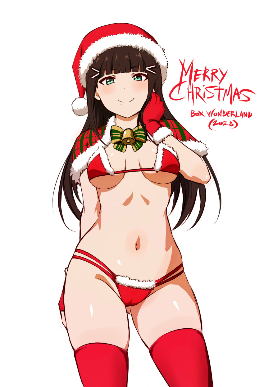 1girl absurdres bikini black_hair bow box_wonderland breasts christmas christmas_ornaments gloves green_eyes hand_on_own_face hand_on_own_hip hat highres kneehighs kurosawa_dia long_hair looking_at_viewer love_live! love_live!_sunshine!! medium_breasts mole mole_under_mouth navel santa_hat smile socks standing swimsuit white_background