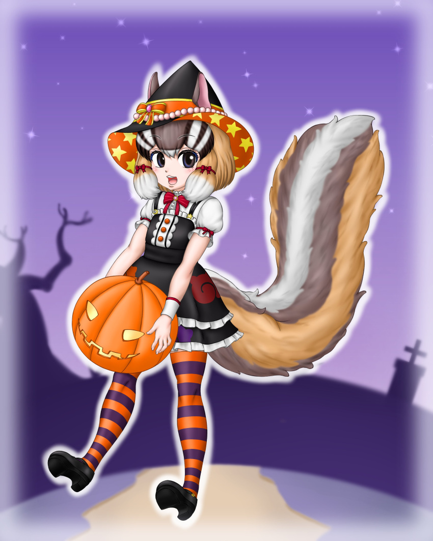 absurdres animal_ears brown_eyes brown_hair chipmunk_ears chipmunk_girl chipmunk_tail dress extra_ears halloween hat highres japari_symbol kemono_friends kemono_friends_v_project nekomock pantyhose pumpkin ribbon shoes short_hair siberian_chipmunk_(kemono_friends) skirt tail virtual_youtuber