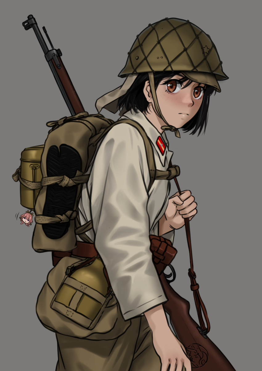 1girl absurdres ammunition_pouch arisaka backpack bag black_hair bolt_action brown_eyes canteen charm_(object) gun helmet highres holding holding_weapon imperial_japanese_army japan load_bearing_vest mardjan military military_uniform pouch rifle shirt tabi uniform weapon white_shirt world_war_ii yae_miko