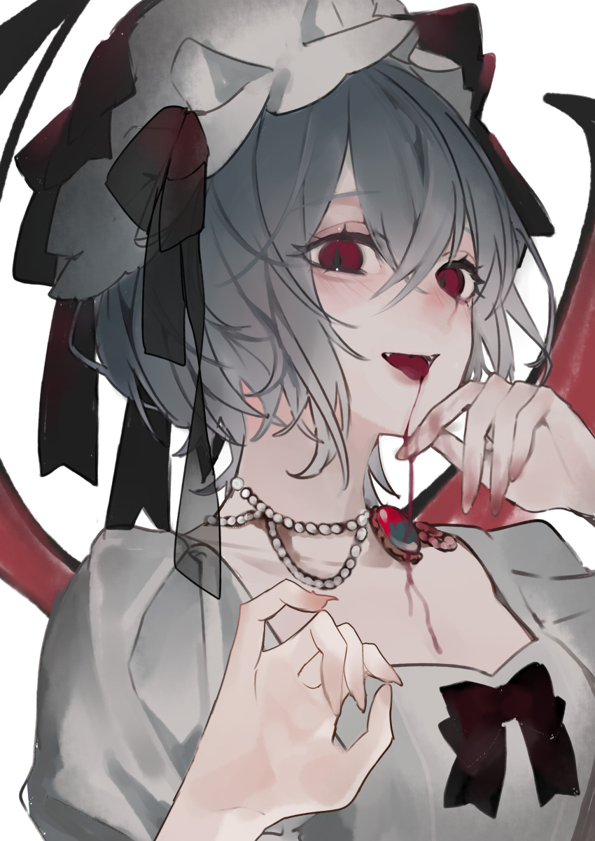 1girl absurdres bat_wings black_bow blood blood_on_face blush bow brooch crossed_bangs daimaou_ruaeru dress fangs grey_hair hair_between_eyes hands_up hat hat_bow highres jewelry looking_at_viewer mob_cap open_mouth puffy_sleeves red_eyes remilia_scarlet short_hair simple_background solo tongue tongue_out touhou upper_body vampire white_background white_dress white_headwear wings