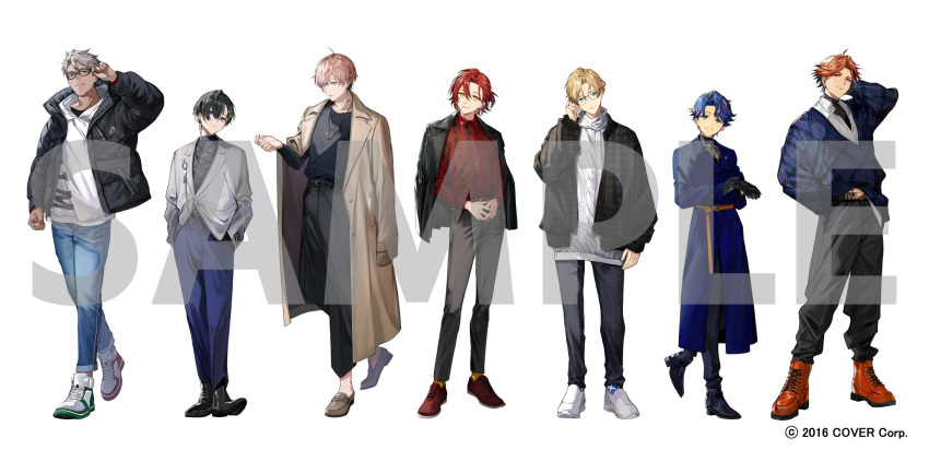 6+boys adjusting_clothes adjusting_eyewear adjusting_gloves ahoge alternate_costume alternate_hairstyle ankle_boots aqua_eyes aran_sweater arurandeisu astel_leda asymmetrical_footwear barcode barcode_tattoo belt bespectacled black_belt black_footwear black_gloves black_hair black_jacket black_pants black_shirt blazer blonde_hair blue_coat blue_eyes blue_hair blue_pants blue_socks blue_sweater boots border0715 brown_belt brown_coat brown_footwear cable_knit clenched_hand closed_mouth coat coat_on_shoulders collared_shirt copyright_notice cross-laced_footwear curtained_hair denim earrings full_body glasses gloves green_eyes grey_eyes grey_footwear grey_hair grey_jacket grin hair_behind_ear hair_between_eyes hair_ornament hair_over_one_eye hairclip half_updo hanasaki_miyabi hand_in_pocket hand_on_eyewear hand_up hands_in_pockets heterochromia highres holostars hood hood_down hoodie jacket jacket_on_shoulders jeans jewelry kanade_izuru kishido_temma lace-up_boots lapel_pin lapels lightning_bolt_earrings lightning_bolt_hair_ornament lightning_bolt_symbol long_sleeves looking_at_viewer male_focus medium_hair mismatched_footwear mole mole_under_eye multicolored_hair multiple_boys neck_tattoo notched_lapels open_clothes open_jacket orange_eyes orange_hair own_hands_together padded_shirt pants parted_bangs parted_lips partially_unbuttoned patterned_clothing pendant pink_hair purple_eyes purple_pants red_footwear red_hair red_shirt rikka_(holostars) ring sample_watermark shirt shirt_partially_tucked_in shirt_tucked_in shoes short_hair simple_background single_earring smile sneakers socks standing streaked_hair sweater tattoo turtleneck turtleneck_sweater undershirt v-neck virtual_youtuber watermark white_background white_footwear white_hoodie white_shirt white_sweater yellow_eyes yellow_socks yukoku_roberu