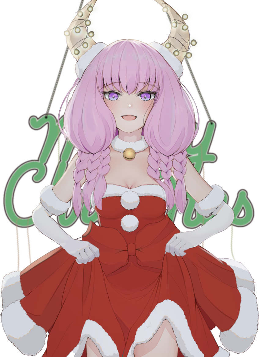1girl aura_(sousou_no_frieren) bell blush braid breasts christmas_lights cleavage cowboy_shot demon_horns detached_collar dress elbow_gloves fur-trimmed_dress fur-trimmed_gloves fur_collar fur_trim gloves highres horns jingle_bell looking_at_viewer medium_breasts merry_christmas multiple_braids open_mouth pink_hair purple_eyes red_dress santa_dress sharc skirt_hold solo sousou_no_frieren white_gloves