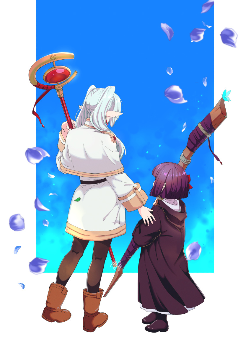 2girls absurdres aoba_rena_(kuro_mameo) black_coat black_robe capelet child coat commentary_request dangle_earrings drop_earrings earrings elf facing_away falling_petals fern_(sousou_no_frieren) frieren height_difference highres holding holding_staff hood hood_down jewelry mage_staff multiple_girls pantyhose petals pointy_ears purple_hair robe short_hair sousou_no_frieren staff twintails white_capelet