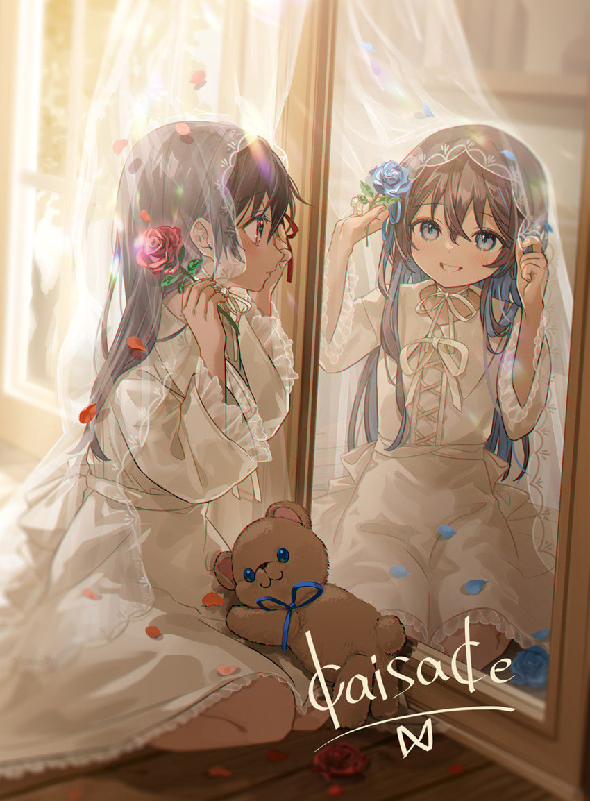 2girls blue_eyes blue_flower blue_hair blue_ribbon blue_rose brown_hair child collared_dress colored_inner_hair commentary_request crossed_bangs different_reflection dot_nose dress flower hair_between_eyes highres holding holding_flower kneeling long_hair looking_at_another mirror multicolored_hair multiple_girls neck_ribbon original red_eyes red_flower red_rose reflection ribbon rose sake_(utopia_modoki) seiran_(sake_(utopia_modoki)) shuan_(sake_(utopia_modoki)) siblings sisters smile stuffed_animal stuffed_toy teddy_bear teeth twins white_dress white_ribbon