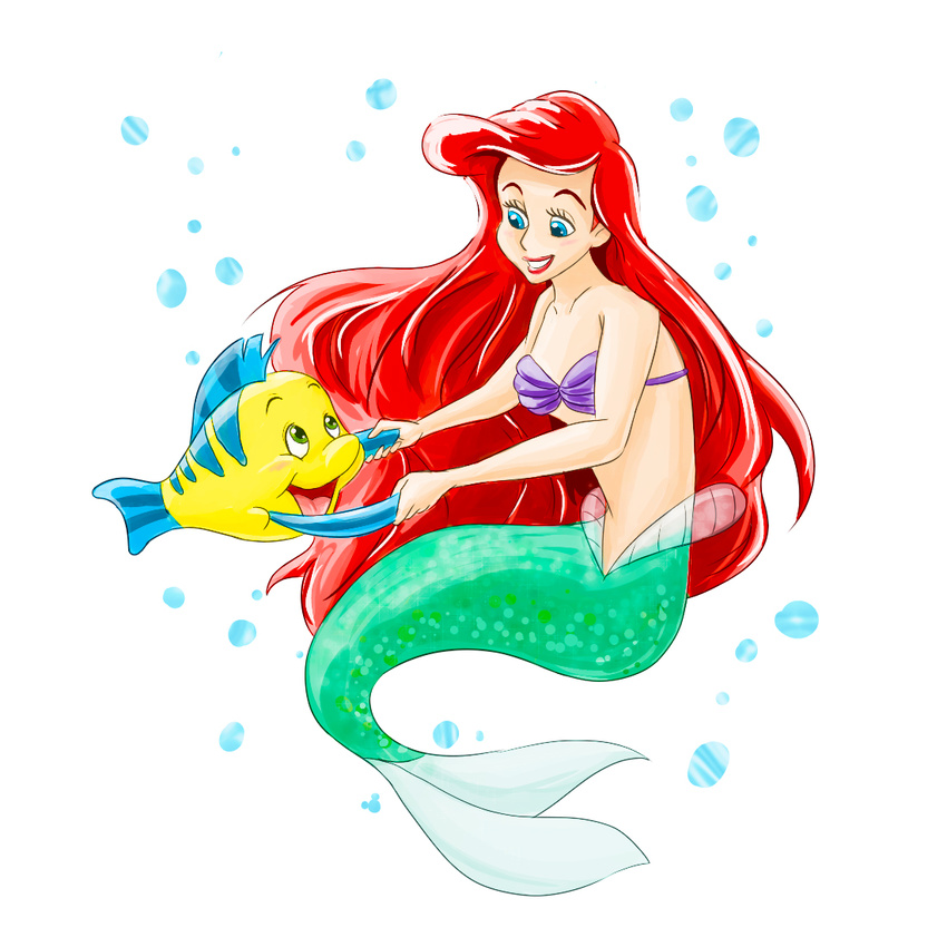 5_fingers ariel_(disney) blue_eyes blush bra bubble clothing dancing digital_drawing_(artwork) digital_media_(artwork) disney duo eyelashes female fin fish flounder_(disney) green_eyes green_scales hair harara hidden_mickey long_hair looking_down looking_up marine merfolk open_mouth open_smile red_hair scales simple_background smile tail_fin the_little_mermaid underwear white_background yellow_scales