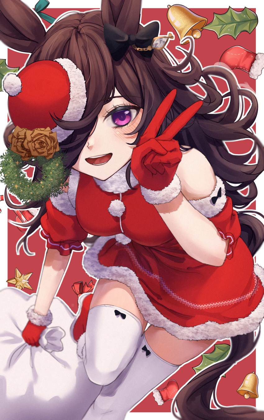 1girl absurdres animal_ears bell bow brown_hair christmas christmas_stocking dress ear_bow flower fur-trimmed_dress fur-trimmed_headwear fur_trim gloves hair_over_one_eye hand_up hat hat_flower highres holding holding_sack horse_ears horse_girl inui_(inuiw_) long_hair looking_at_viewer purple_eyes red_dress red_gloves red_headwear rice_shower_(umamusume) sack santa_dress santa_gloves santa_hat solo thighhighs tilted_headwear umamusume v white_thighhighs