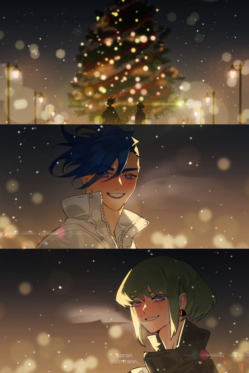 2boys blue_eyes blue_hair blush breath christmas christmas_tree couple earrings galo_thymos green_hair highres jewelry lamppost lio_fotia looking_at_another male_focus merry_christmas mohawk multiple_boys night outdoors promare purple_eyes short_hair short_hair_with_long_locks sidelocks single_earring smile snow snowing so-rann spiked_hair triangle_earrings upper_body winter yaoi