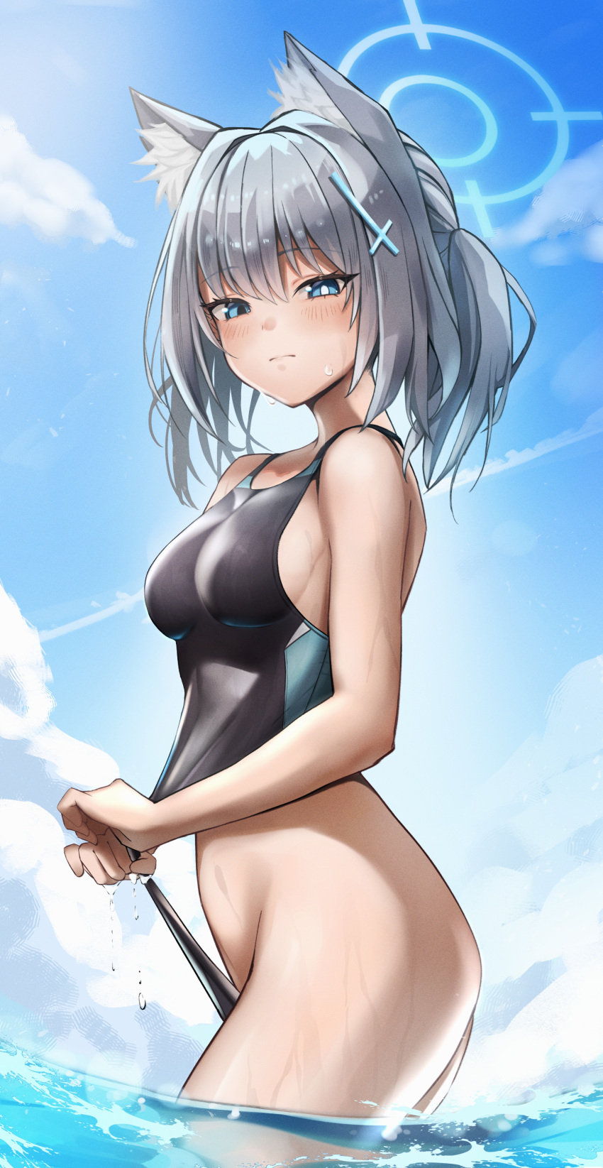 1girl absurdres animal_ears bare_arms bare_legs bare_shoulders beach black_one-piece_swimsuit blue_archive blue_eyes blue_halo blush breasts closed_mouth competition_swimsuit cowboy_shot cross_hair_ornament day grey_hair hair_ornament halo highres kuromiz medium_breasts medium_hair mismatched_pupils ocean official_alternate_costume one-piece_swimsuit outdoors shiroko_(blue_archive) shiroko_(swimsuit)_(blue_archive) solo swimsuit wolf_ears
