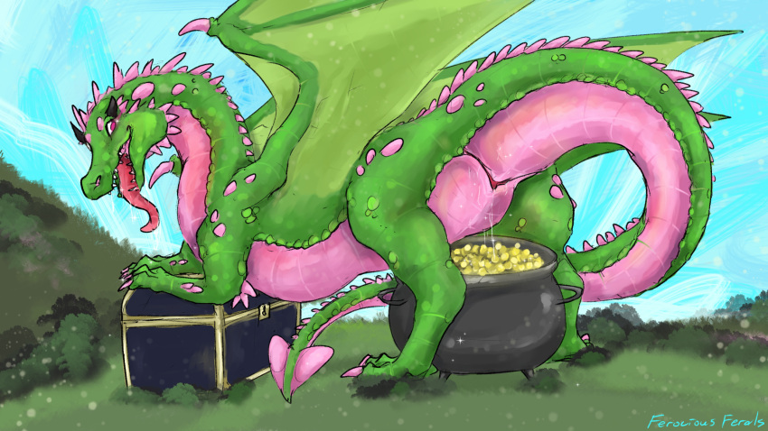 animal_genitalia bodily_fluids cauldron claws cloaca cloaca_juice coin dorsal_ridge dragon drooling drooling_tongue fangs female feral ferocious_ferals general_mills genital_fluids genitals gold_(metal) gold_coin grass green_body green_legs green_scales green_wings hi_res horn juice_string looking_at_viewer lucky_charms multicolored_body nature nature_background pink_body pink_claws pink_eyes pink_scales plant presenting presenting_cloaca raised_tail red_tongue saliva saliva_on_tongue scales scalie shrub side_view signature sky slightly_chubby solo spade_tail spines tail teeth tongue tongue_out treasure_chest two_tone_body western_dragon wings