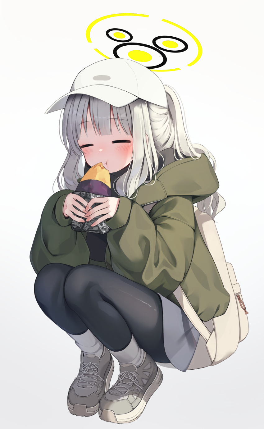 1girl =_= absurdres black_pantyhose blue_archive blush closed_eyes closed_mouth commentary eating food full_body fuyoyo gradient_background green_jacket grey_footwear grey_hair grey_shorts halo hare_(blue_archive) hare_(camp)_(blue_archive) hat highres holding holding_food hood hood_down hooded_jacket jacket long_hair long_sleeves official_alternate_costume open_clothes open_jacket pantyhose ponytail revision shoes shorts solo squatting sweet_potato symbol-only_commentary white_headwear