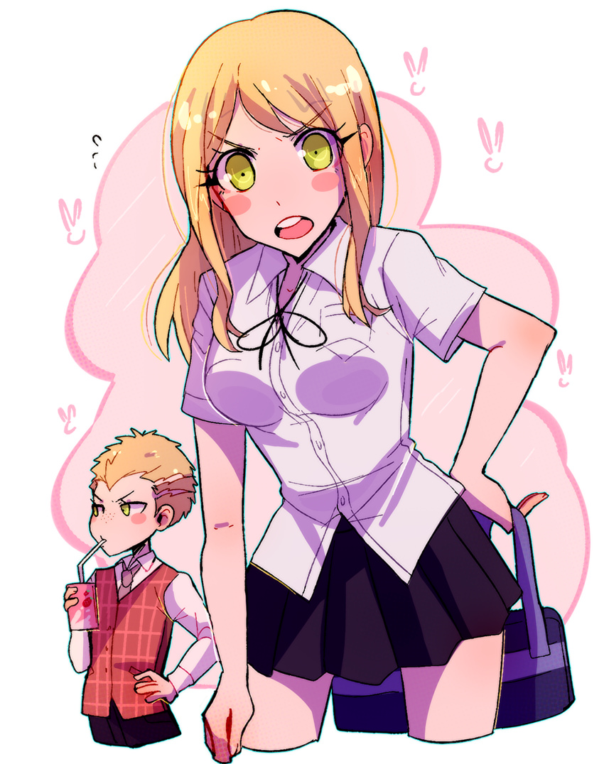 1boy 1girl bag blonde_hair blush breasts danganronpa danganronpa_3 drink duo eyebrows freckles green_eyes huyandere kuzuryuu_fuyuhiko kuzuryuu_natsumi long_hair necktie open_mouth pants school_uniform shirt short_hair sweater sweater_vest tie uniform white_shirt